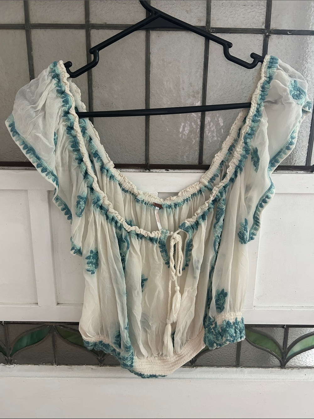 Free People Boho Off-Shoulder Embroidered Peasant Top in Ivory with Teal
